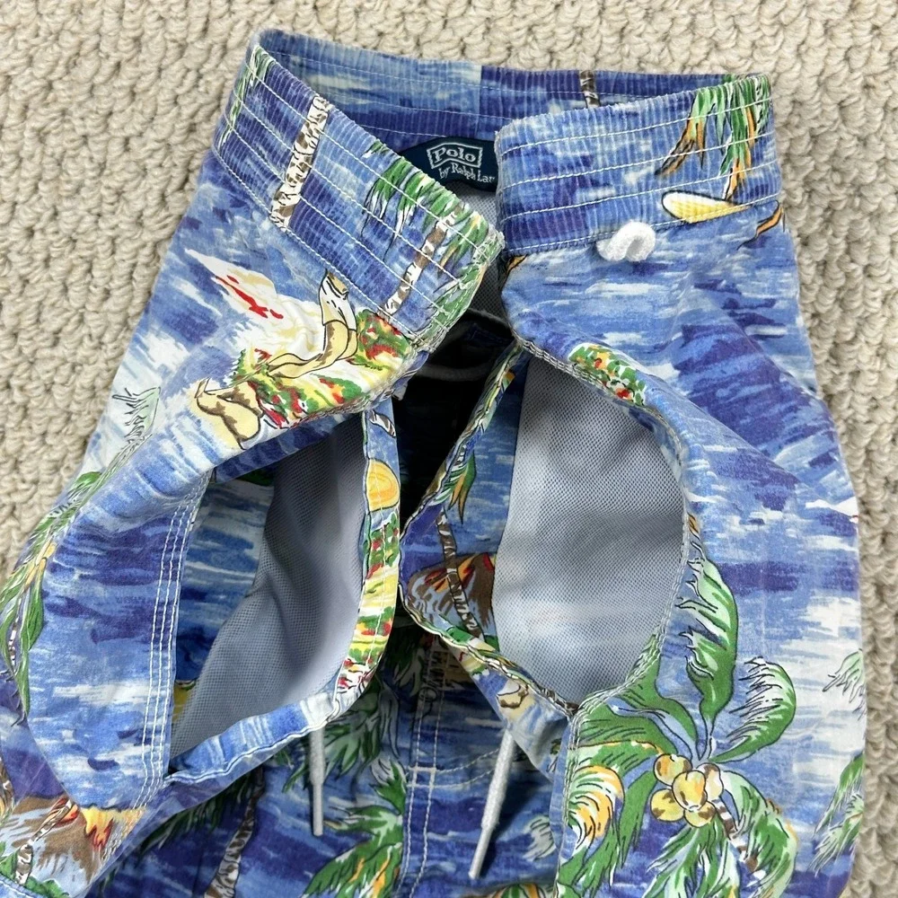 Vtg Polo Ralph Lauren Board Shorts Mens L Blue Swim Trunks Tie Front Palm Tree